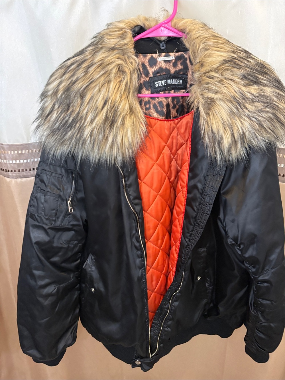 Steve Madden Black Bomber Jacket with Faux Fur Collar and Orange Lining